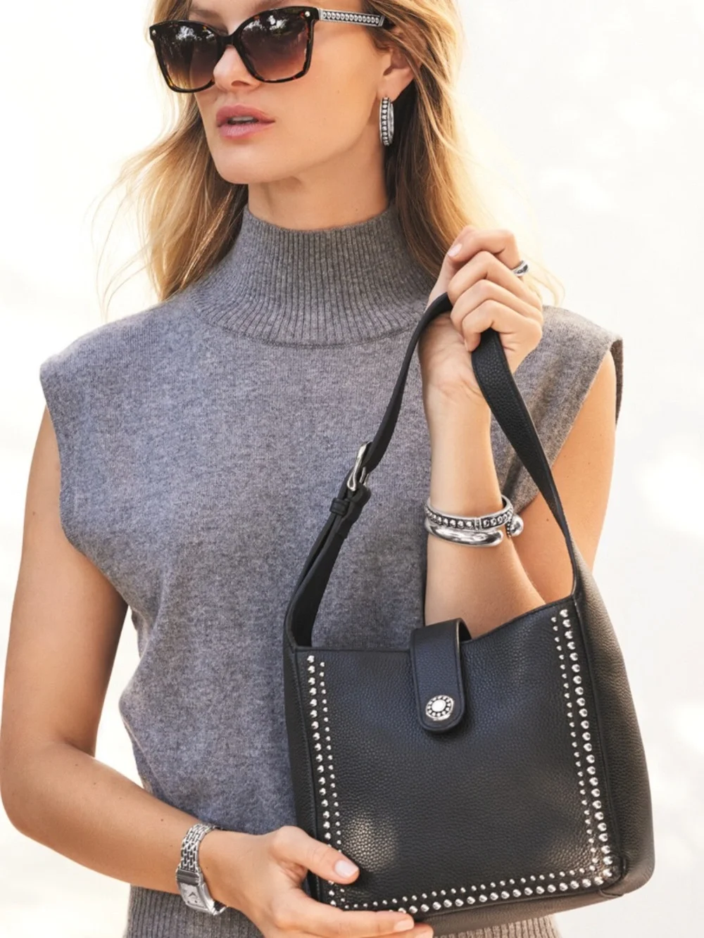 Studded Black Leather Shoulder Bag with Front Tab